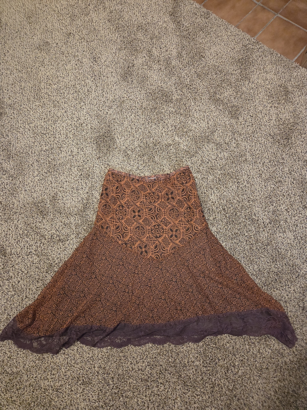 Vintage Silk Bohemian Printed A-Line in Rust and Brown Lace